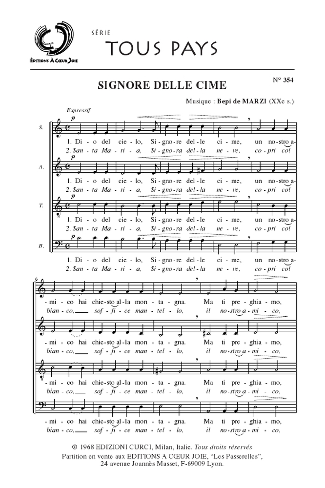 Sheet Music De Marzi B Signore Delle Cime Chorale Satb