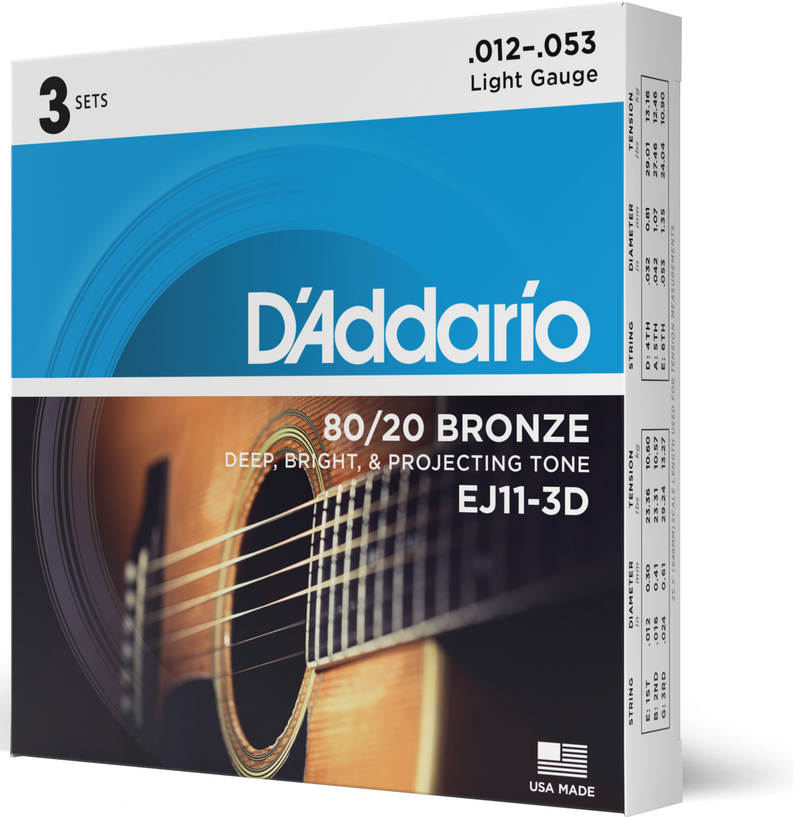 D'ADDARIO AND CO STRINGS FOR ACOUSTIC GUITAR EJ11-3D BRONZE 80/20 LIGHT 12-53 (3 SETS)