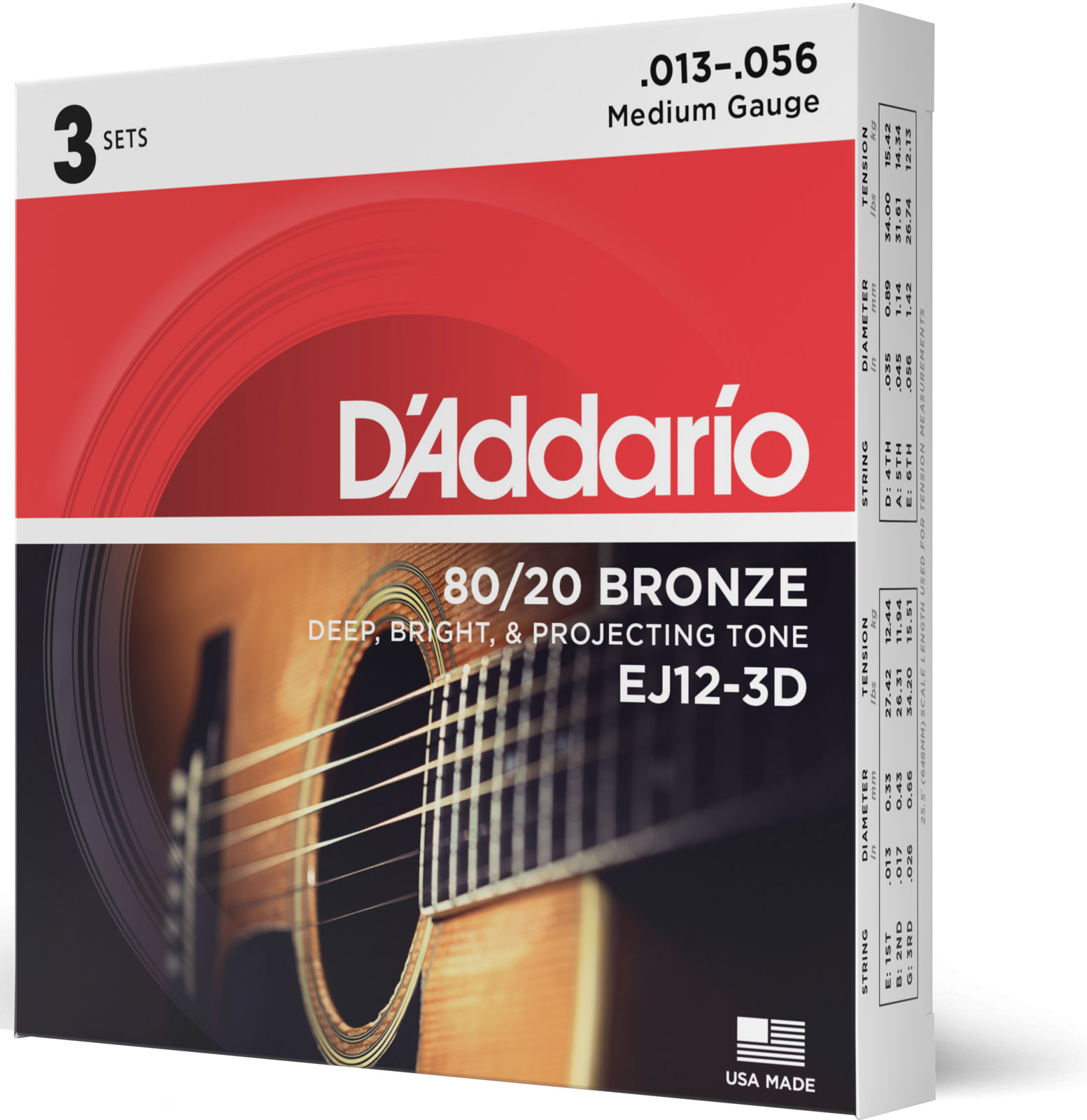 D'ADDARIO AND CO EJ12-3D Bronze 80/20 Medium 13-56 (3 Jeux)