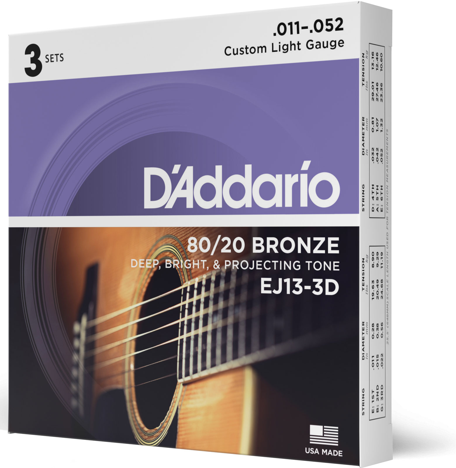 D'ADDARIO AND CO EJ13-3D Bronze 80/20 Custom Light 11-52 (3 Jeux)
