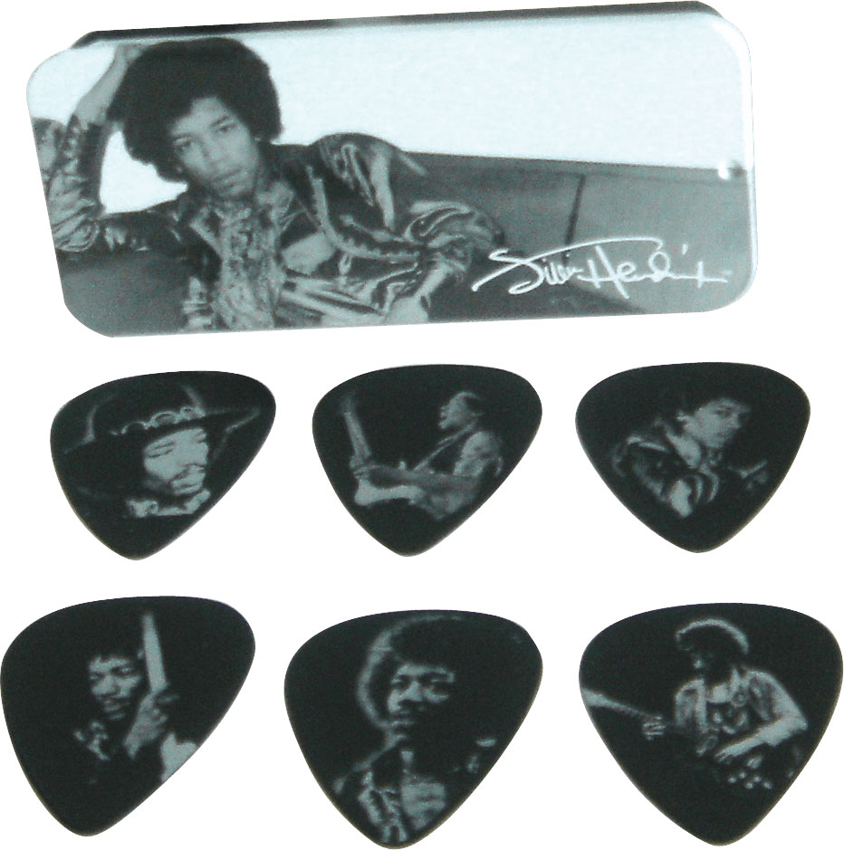 JIM DUNLOP JH-PT05H BOITE EN METAL DE 12 MEDIATORS MOTIF JIMI HENDRIX SILVER PORTRAIT HEAVY