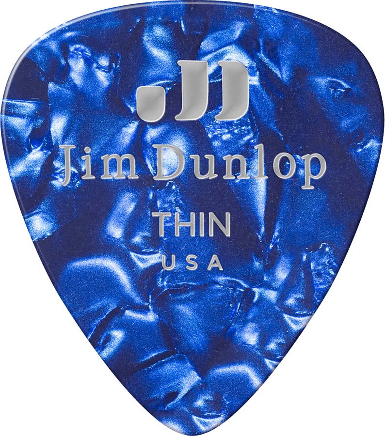 JIM DUNLOP GENUINE CELLULOID CLASSIC, PLAYER'S PACK OF 12, PERLOID BLUE, THIN