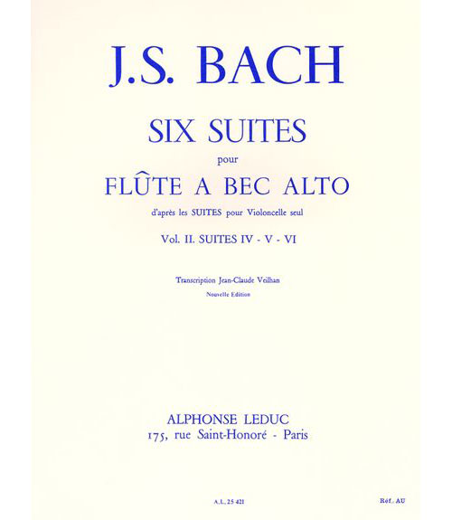 LEDUC BACH J.S. SIX SUITES POUR FLûTE à BEC ALTO VOL 2 SUITE IV. V. VI