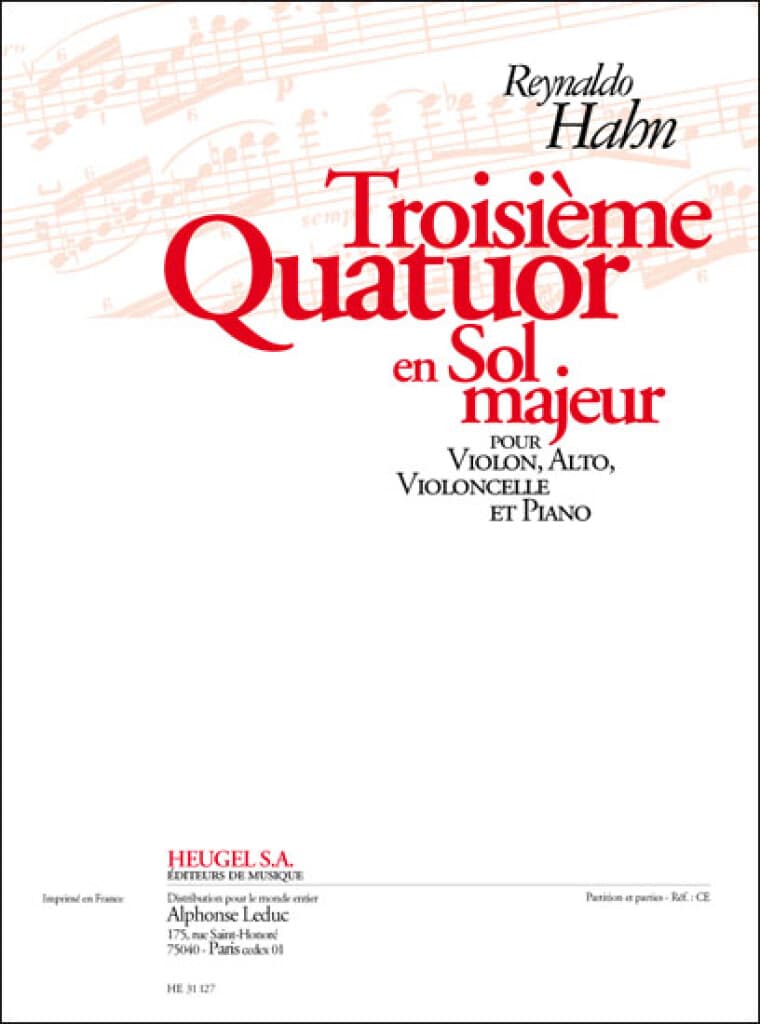 HEUGEL HAHN REYNALDO - TROISIEME QUATUOR EN SOL MAJEUR 