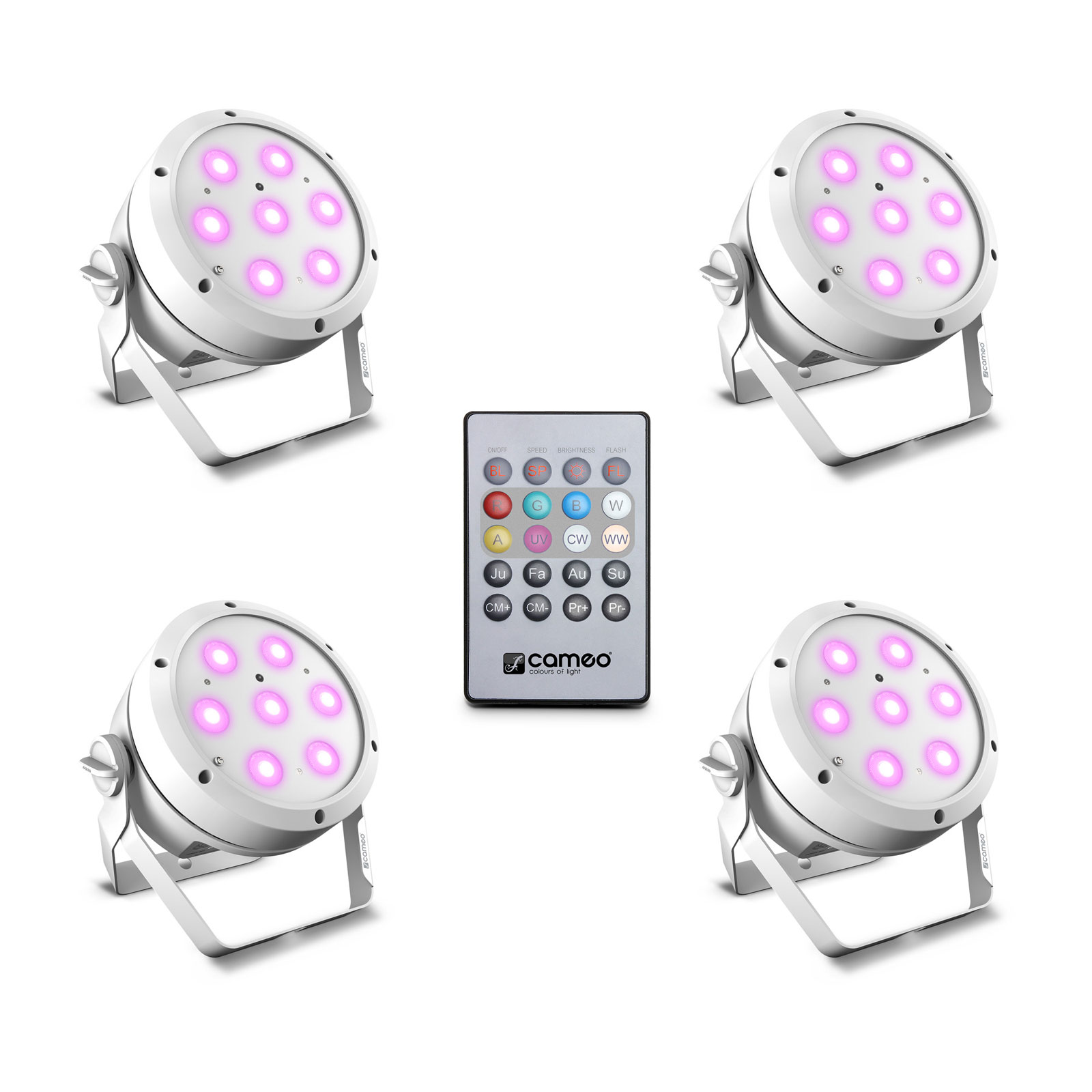 CAMEO ROOT PAR 4 WH CONJUNTO 1 - CONJUNTO COMPOSTO POR 4 X CLROOTPAR4WH COM CONTROLE REMOTO INFRAVERMELHO