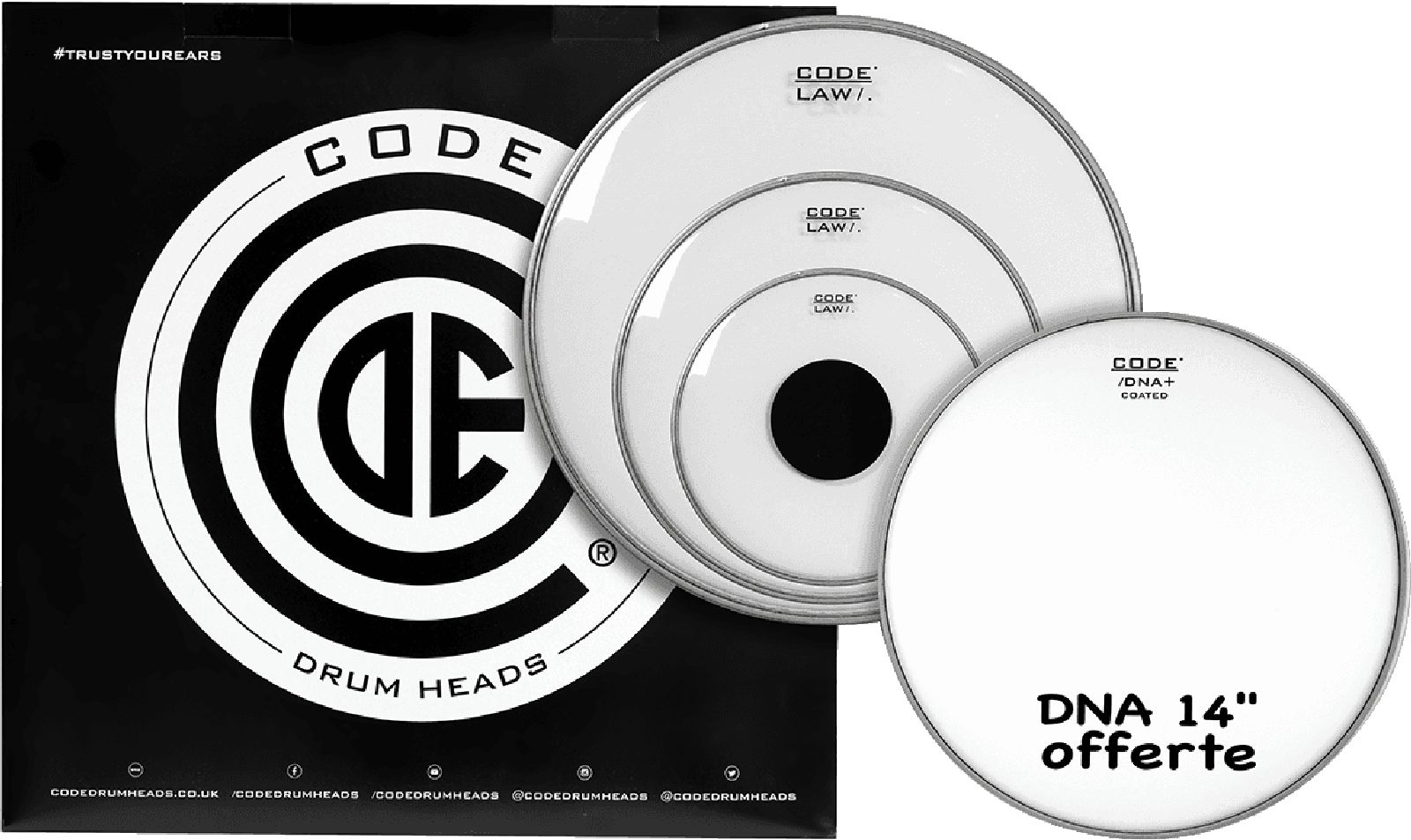 CODE DRUM HEAD Tom Pack LAW Transparente Rock + CC 14