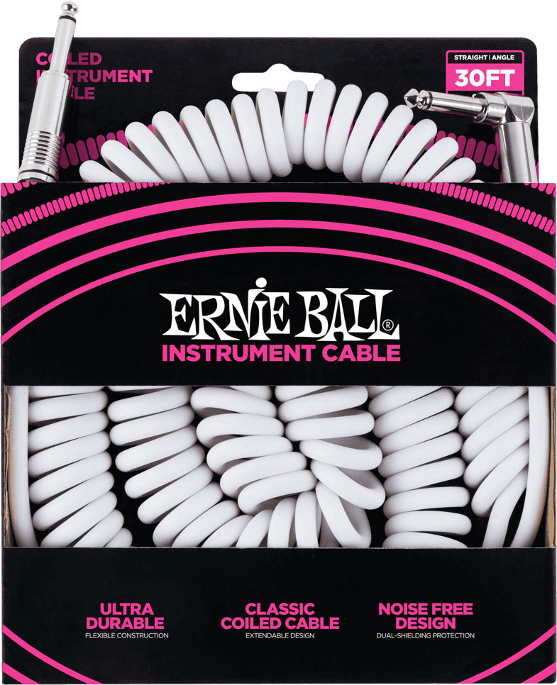 ERNIE BALL Cables Instrument Torsades Jack/jack Coudé 9M Blanc