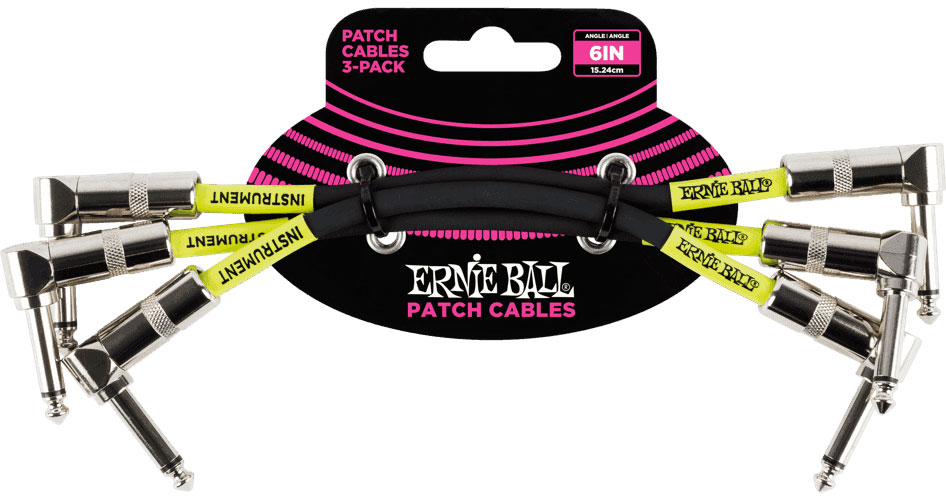 ERNIE BALL CABLES INSTRUMENT PATCH PACK DE 3 - COUD - 15CM NOIR