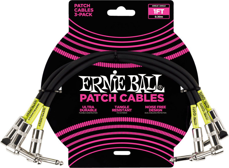 ERNIE BALL CABLES INSTRUMENT PATCH PACK DE 3 - COUD - 30CM NOIR