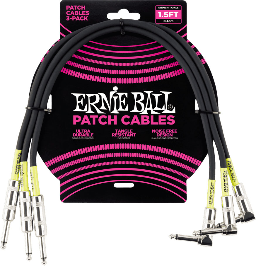 ERNIE BALL Cables Instrument Patch Pack de 3 - Droit /Coudé - 46CM Noir