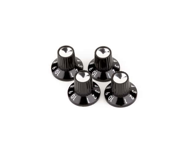 FENDER BLACK/SILVER SKIRTED (1-10) PUSH-ON AMPLIFIER KNOBS, BLACK (4)