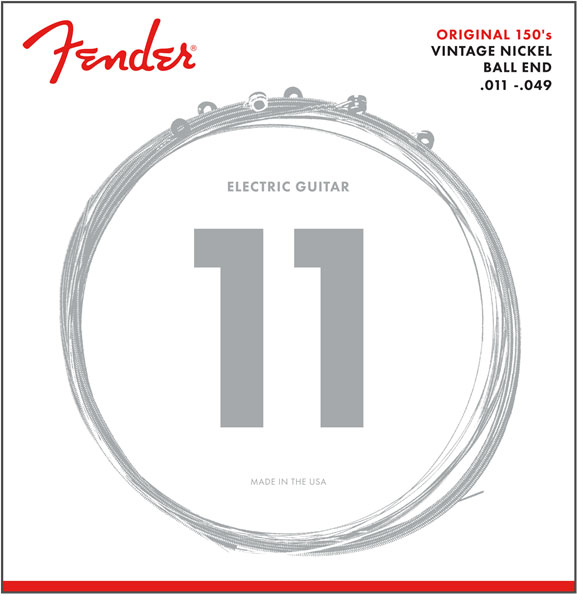 FENDER ORIGINAL 150 GUITAR STRINGS, PURE NICKEL WOUND, BALL END, 150M .011-.049 GAUGES, (6)