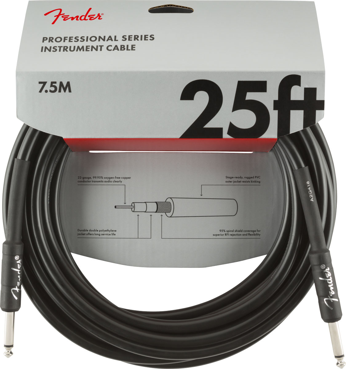 FENDER PROFESSIONAL INSTRUMENT CABLE, STRAIGHT/STRAIGHT, 25', BLACK