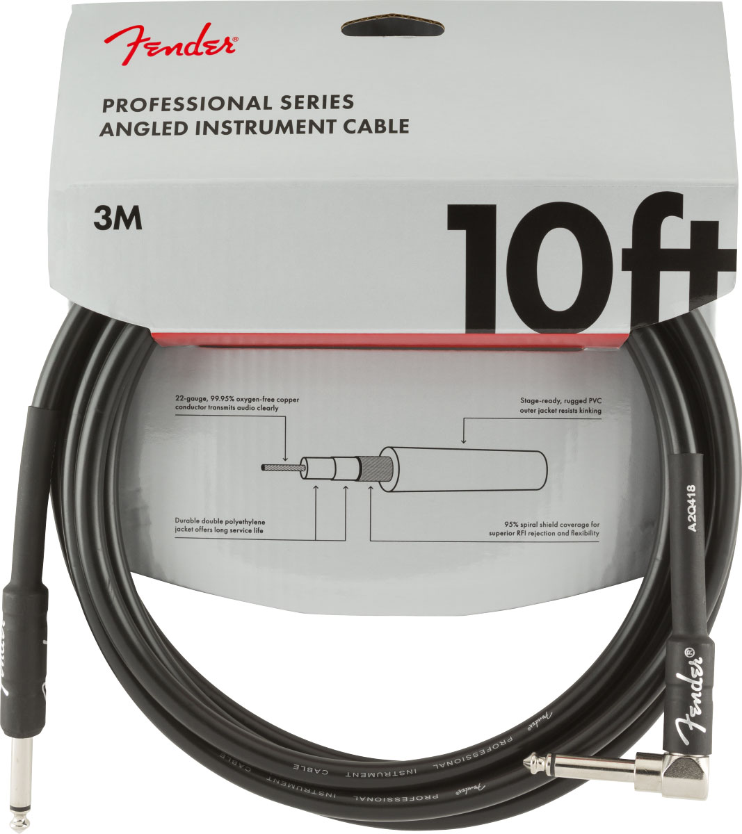 FENDER Professional Instrument Cable, Straight-Angle, 10', Black