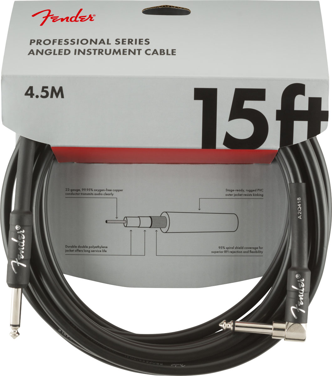FENDER PROFESSIONAL INSTRUMENT CABLES, STRAIGHT/ANGLE, 15', BLACK