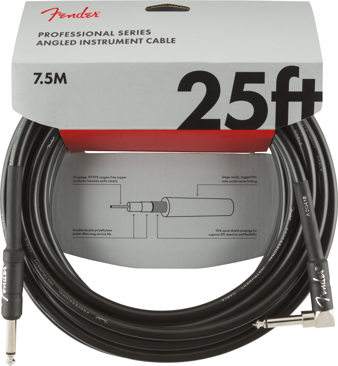 FENDER Professional Instrument Cables, Straight/Angle, 25', Black