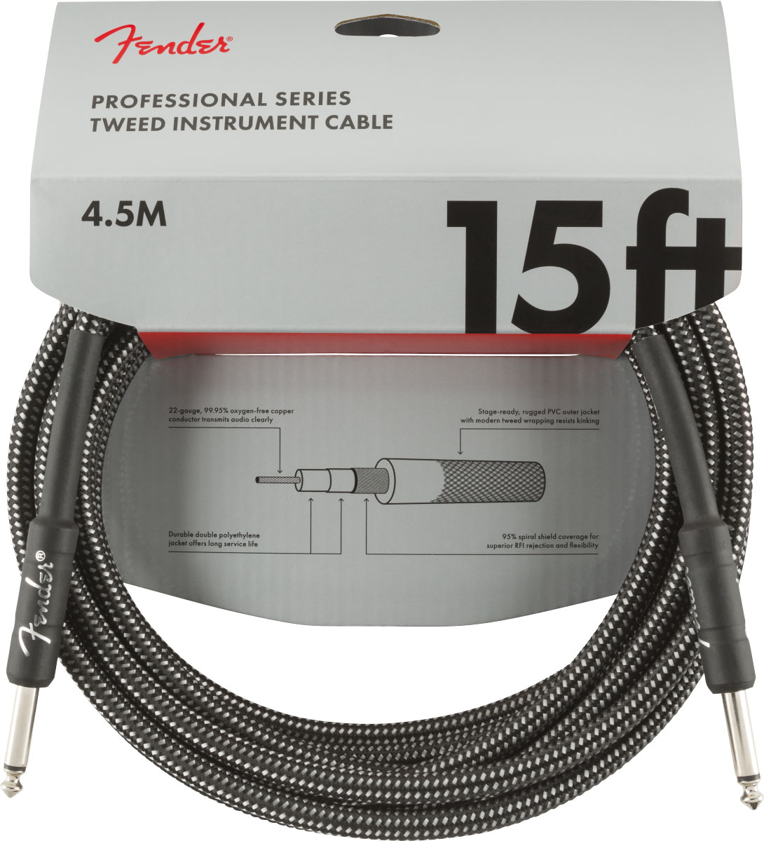 FENDER Professional Instrument Cable, 15', Gray Tweed