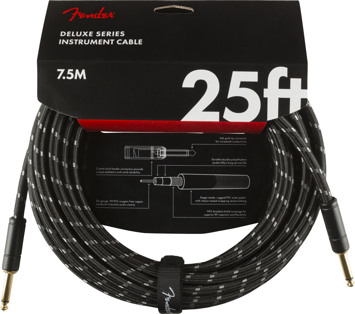 FENDER Deluxe Instrument Cable, Straight/Straight, 25', Black Tweed
