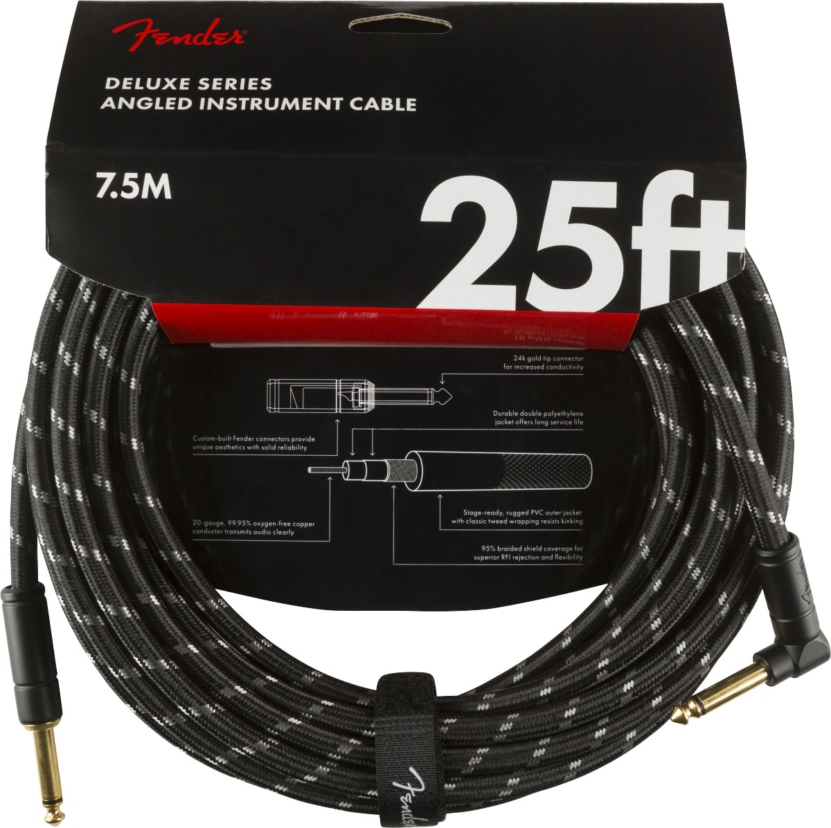 FENDER DELUXE INSTRUMENT CABLE, STRAIGHT/ANGLE, 25', BLACK TWEED