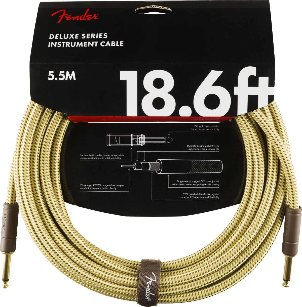 FENDER DELUXE INSTRUMENT CABLE, STRAIGHT/STRAIGHT, 18.6', TWEED