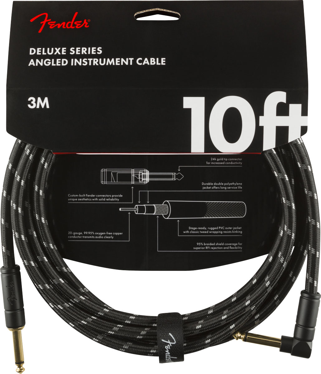 FENDER Deluxe Instrument Cable, Straight/Angle, 10', Black Tweed