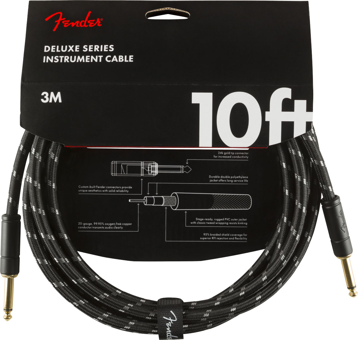 FENDER Deluxe Instrument Cable, Straight/Straight, 10', Black Tweed