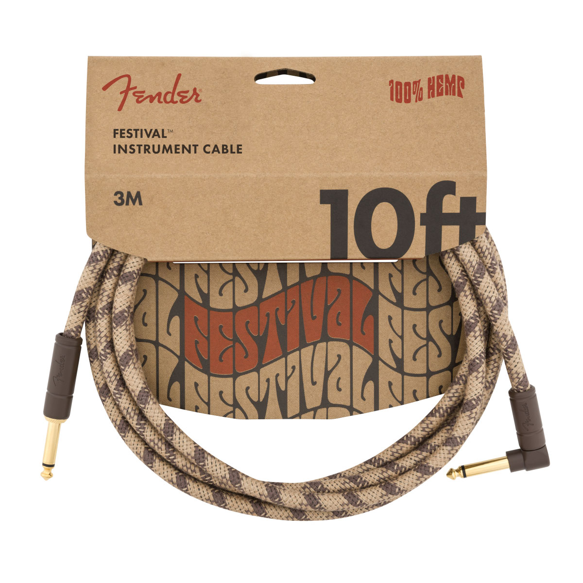FENDER 10' Angled Festival Instrument Cable, Pure Hemp, Brown Stripe