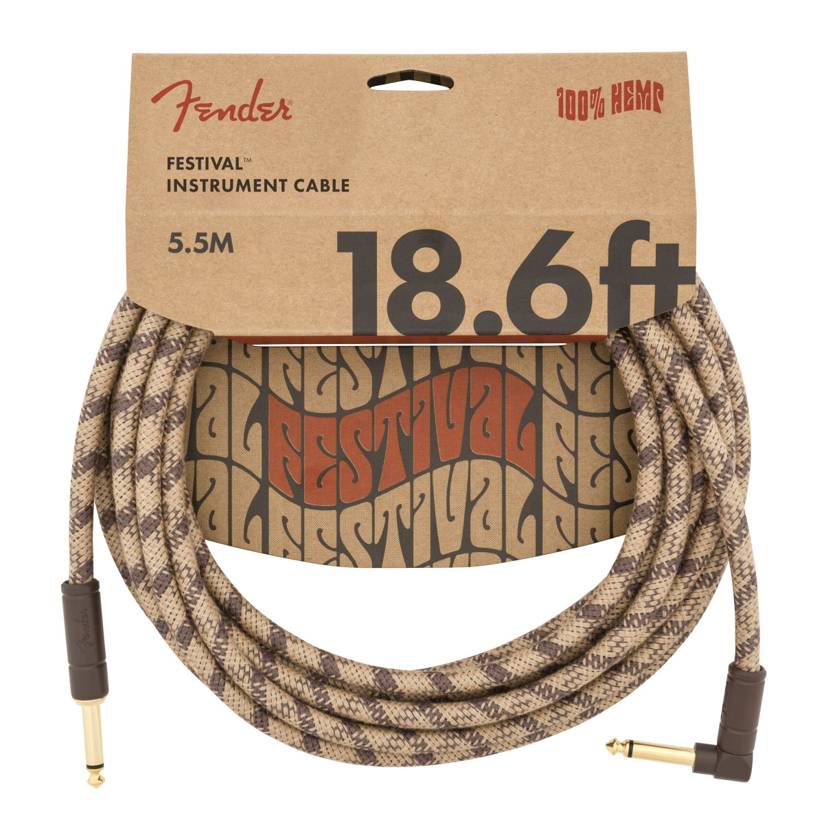 FENDER 18.6' ANGLED FESTIVAL INSTRUMENT CABLE, PURE HEMP, BROWN STRIPE