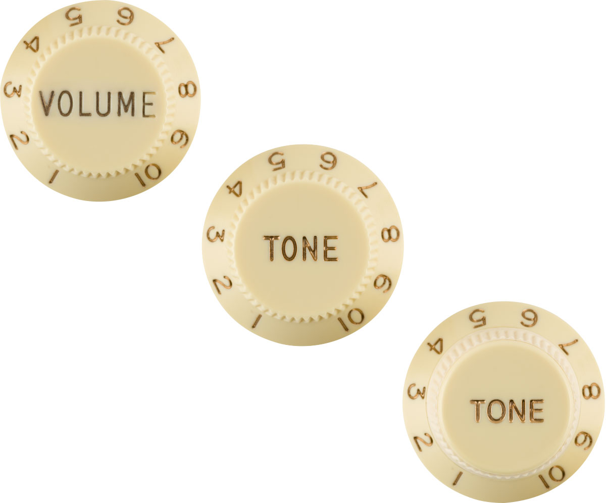 FENDER STRATOCASTER KNOBS, AGED WHITE (VOLUME, TONE, TONE) (3) LHED