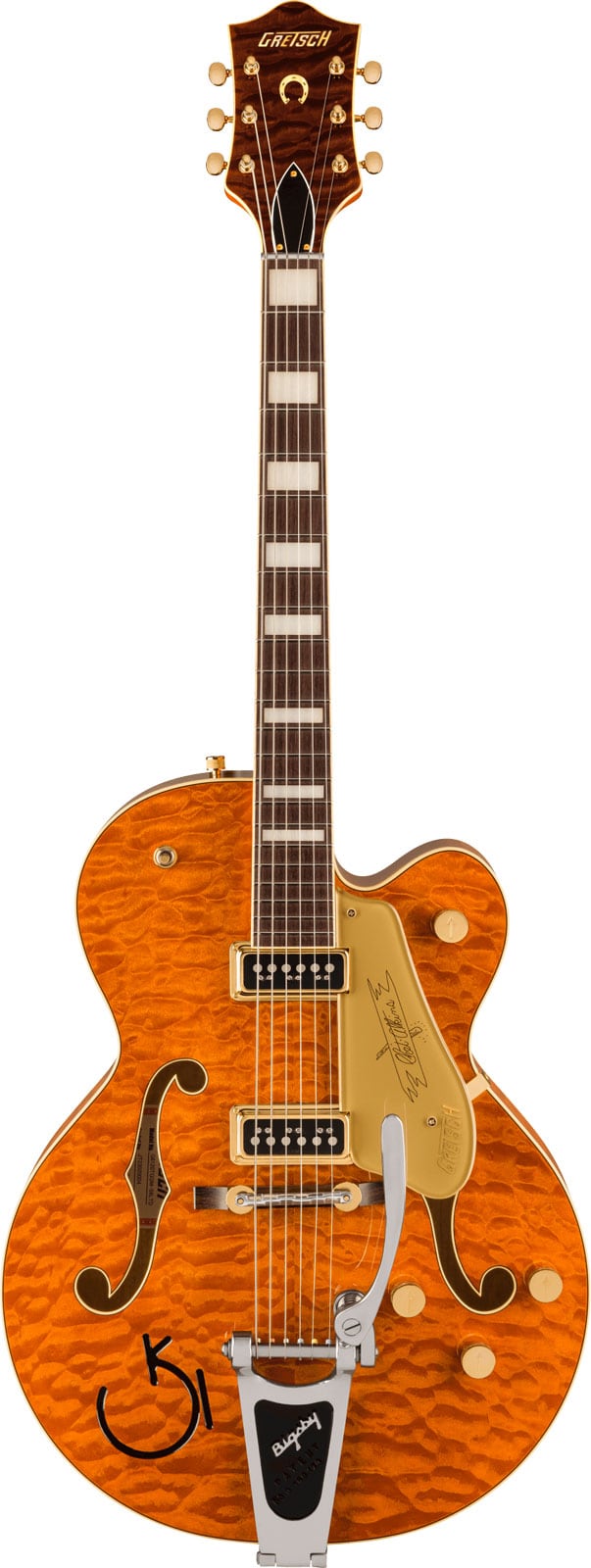 GRETSCH GUITARS G6120TGQM-56 LTD QUILT CLASSIC CHET ATKINS HOLLOW BODY WITH BIGSBY, ROUNDUP ORANGE STAIN LACQUER