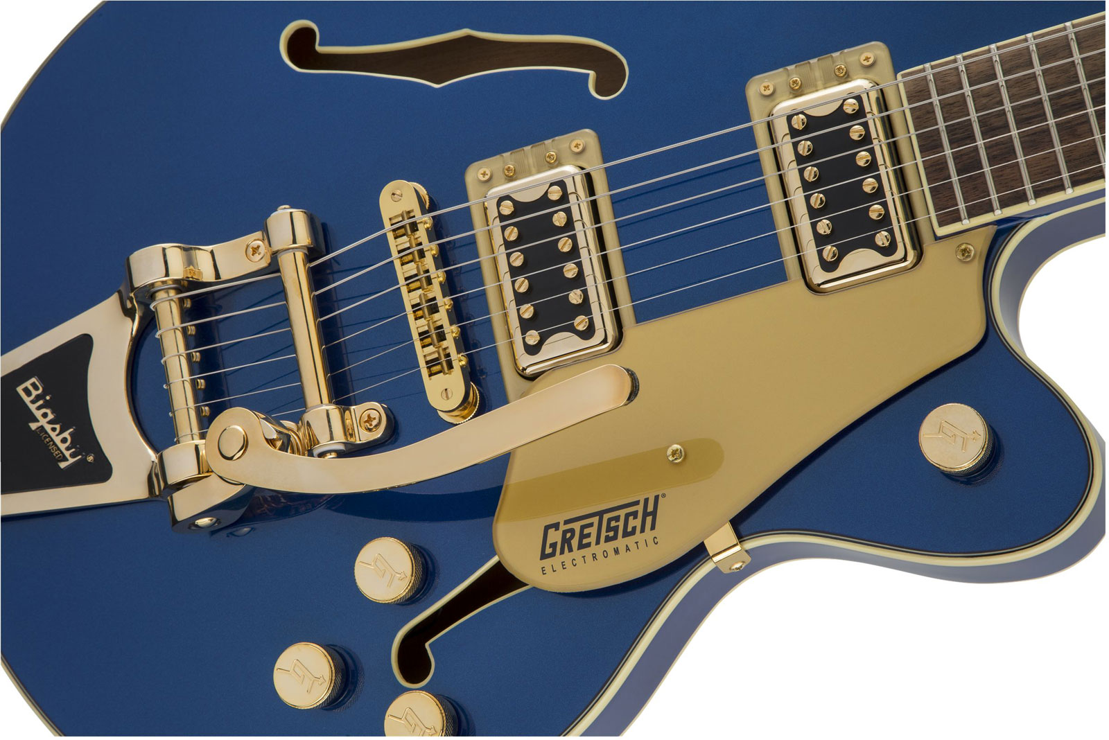 G5655TG ELECTROMATIC CENTER BLOCK JR. SINGLE-CUT WITH BIGSBY AND GOLD HARDWARE LRL, AZURE METALLIC