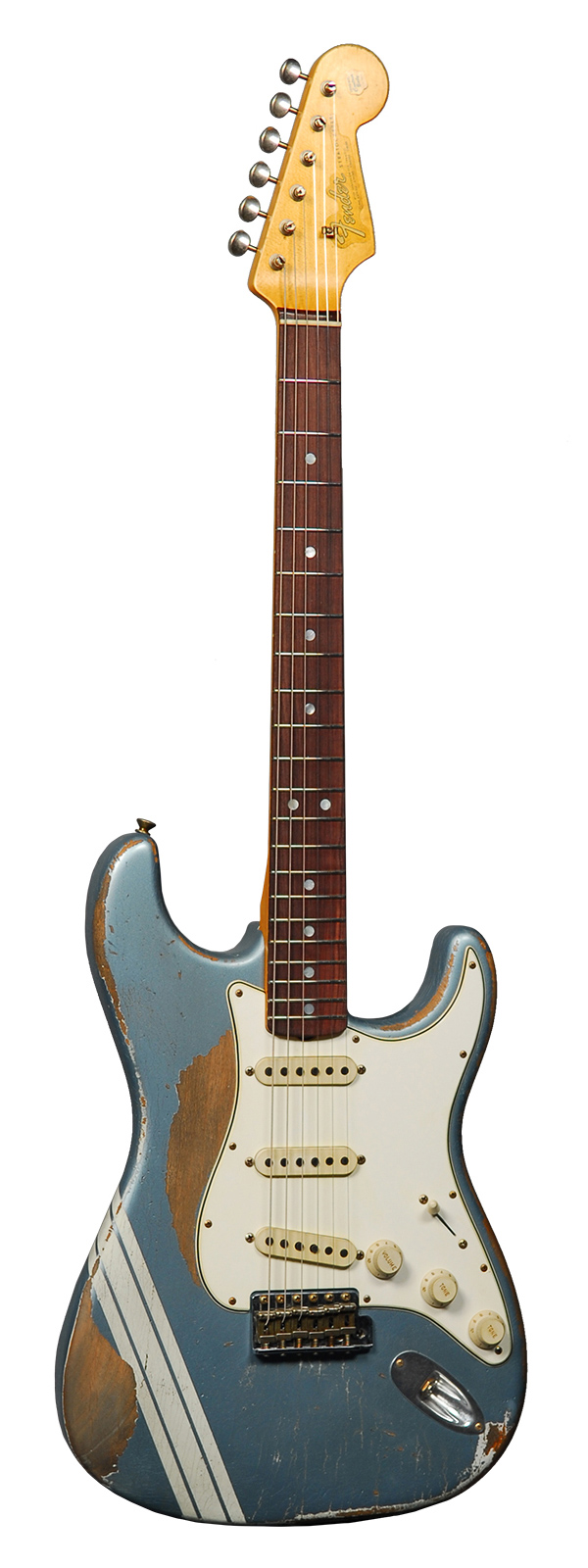 FENDER CUSTOM SHOP 65 STRAT RELIC MASTERBUILT BY GREG FESSLER BLUE ICE METALLIC WITH OLYMPIC WHITE COMPETITION STRIPES