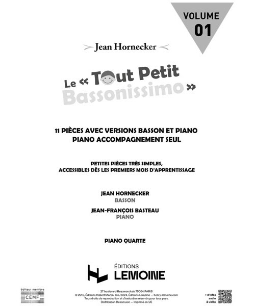 ROBERT MARTIN Hornecker J. - Le Tout Petit Bassonissimo Vol.1 - Basson ( Acc. Piano seul)