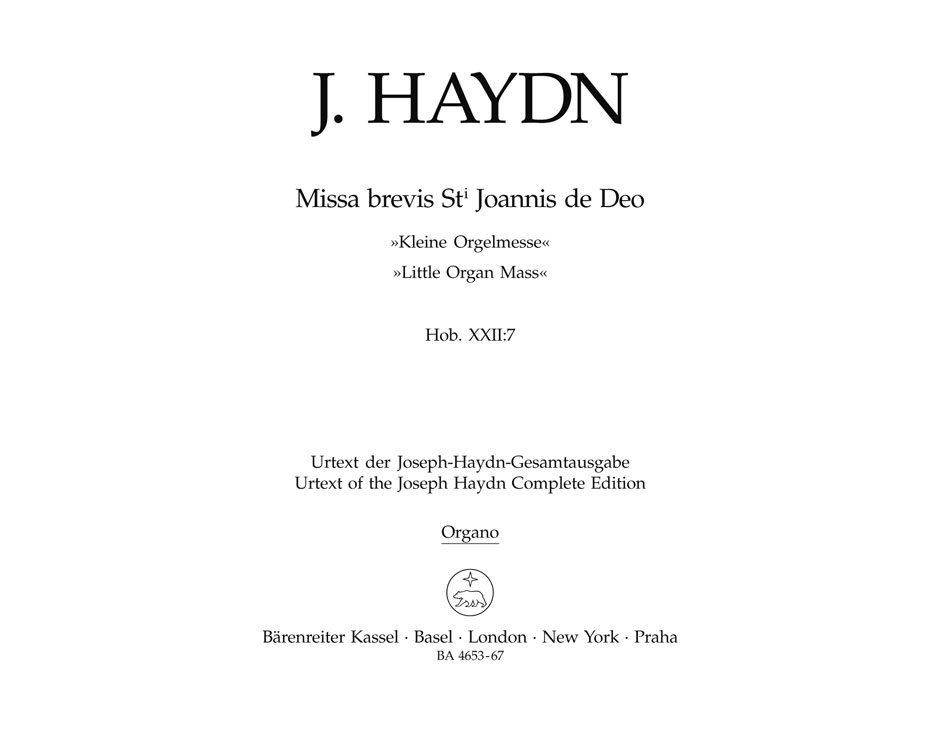 BARENREITER Haydn J. - Missa Brevis St Joannis De Deo, Little Organ Mass Hob.Xxii:7 - Orgue
