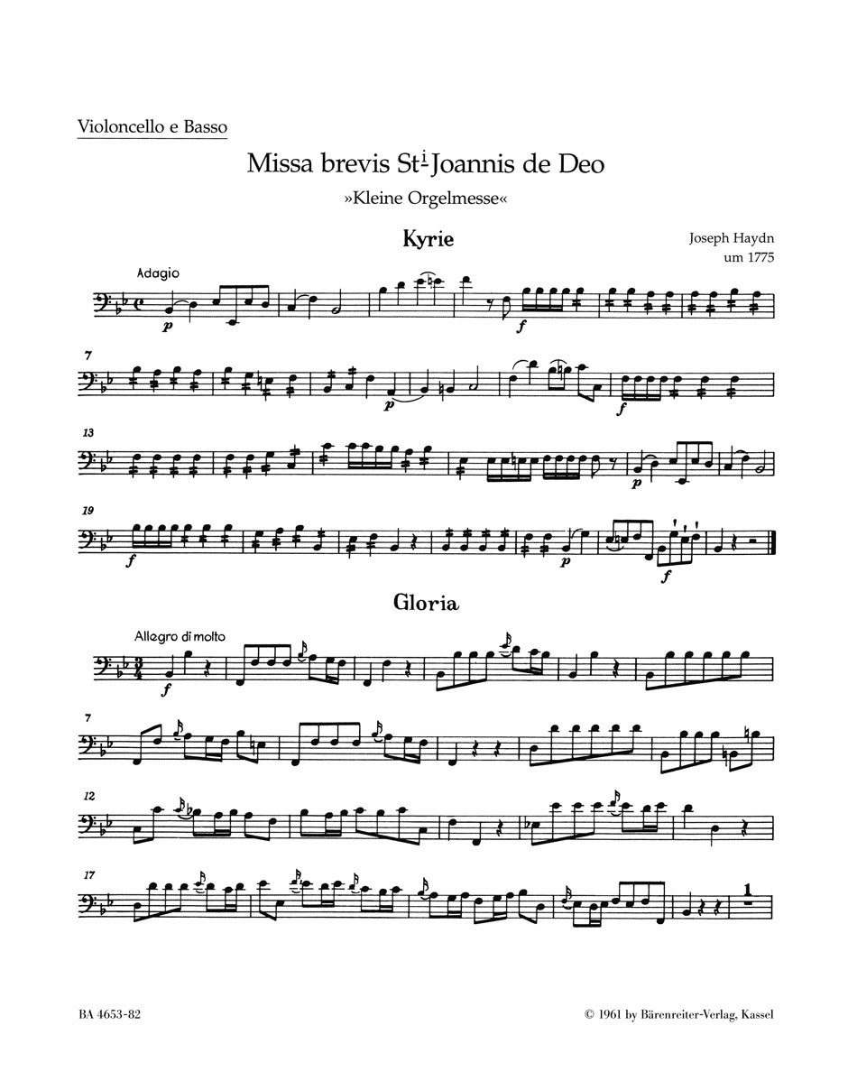 BARENREITER HAYDN J. - MISSA BREVIS ST JOANNIS DE DEO, LITTLE ORGAN MASS HOB.XXII:7 - CELLO, BASSE