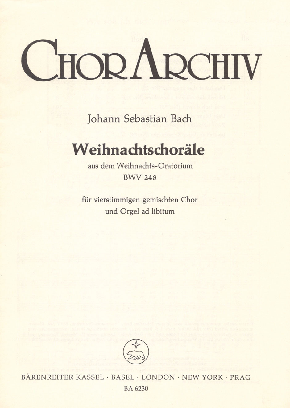 BARENREITER BACH J.S. - WEIHNACHTSCHORALE, AUS DEM WEIHNACHTS, ORATIUM BWV 248 
