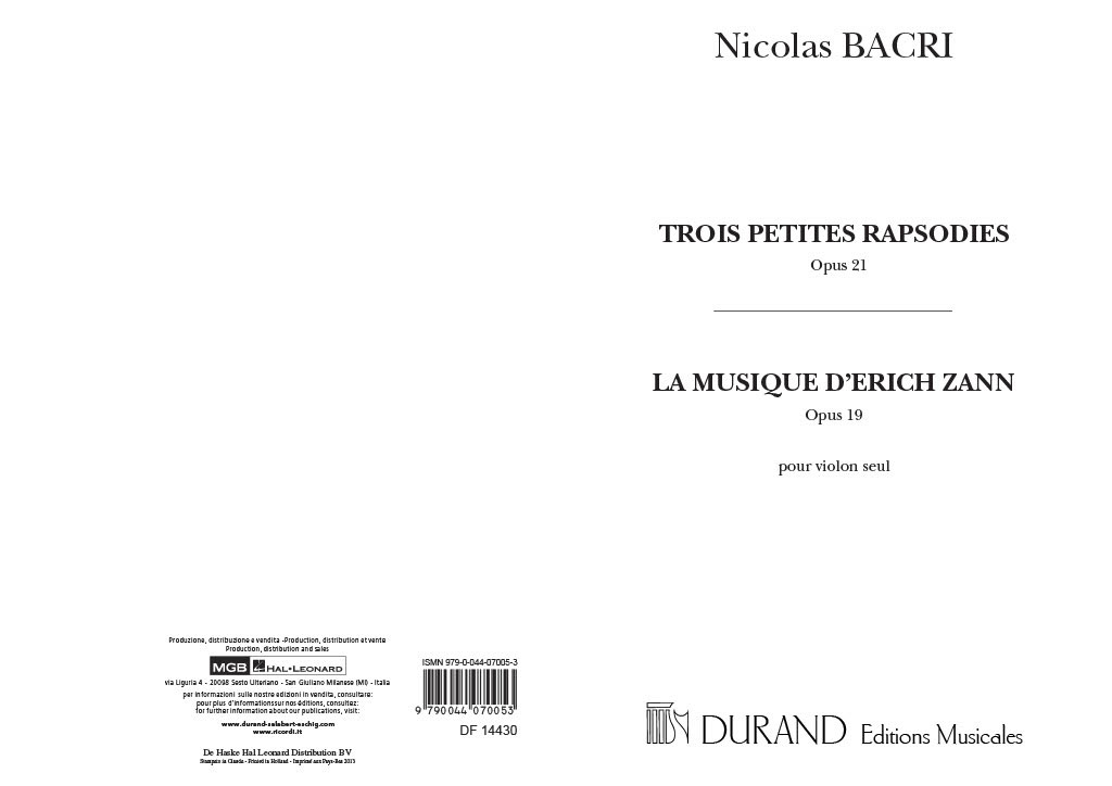 DURAND BACRI N. - TROIS PETITES RAPSODIES - VIOLON