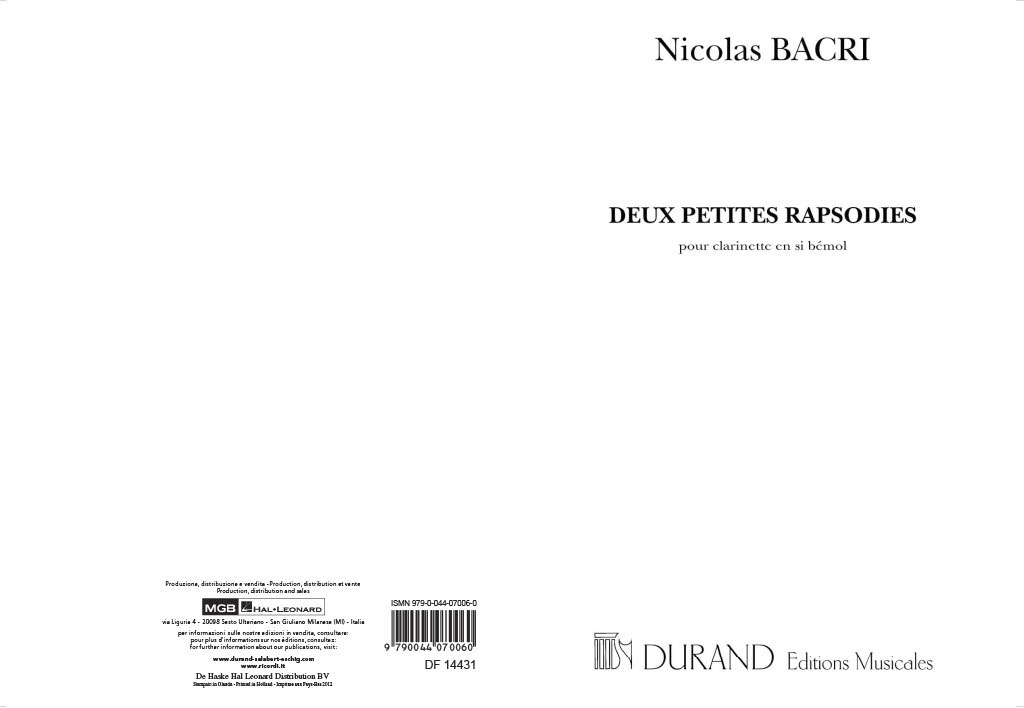 DURAND BACRI N. - DEUX PETITES RAPSODIES - CLARINETTE