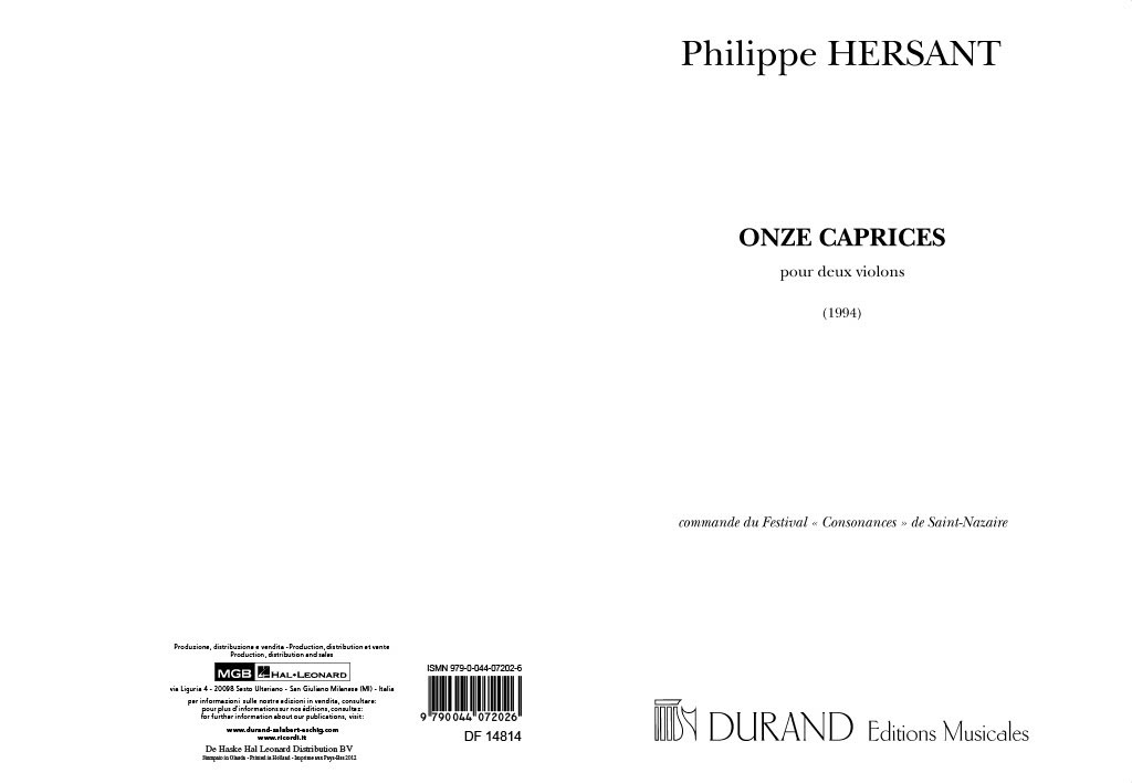 DURAND HERSANT P. - ONZE CAPRICES (1994) - VIOLON