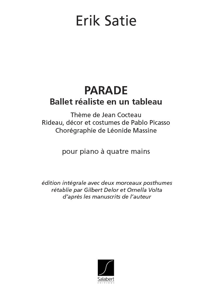 SALABERT SATIE - PARADE - PIANO 4 MAINS
