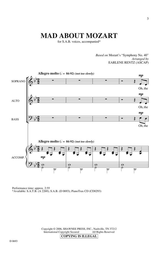 SHAWNEE PRESS RENTZ EARLENE - MAD ABOUT MOZART - SAB