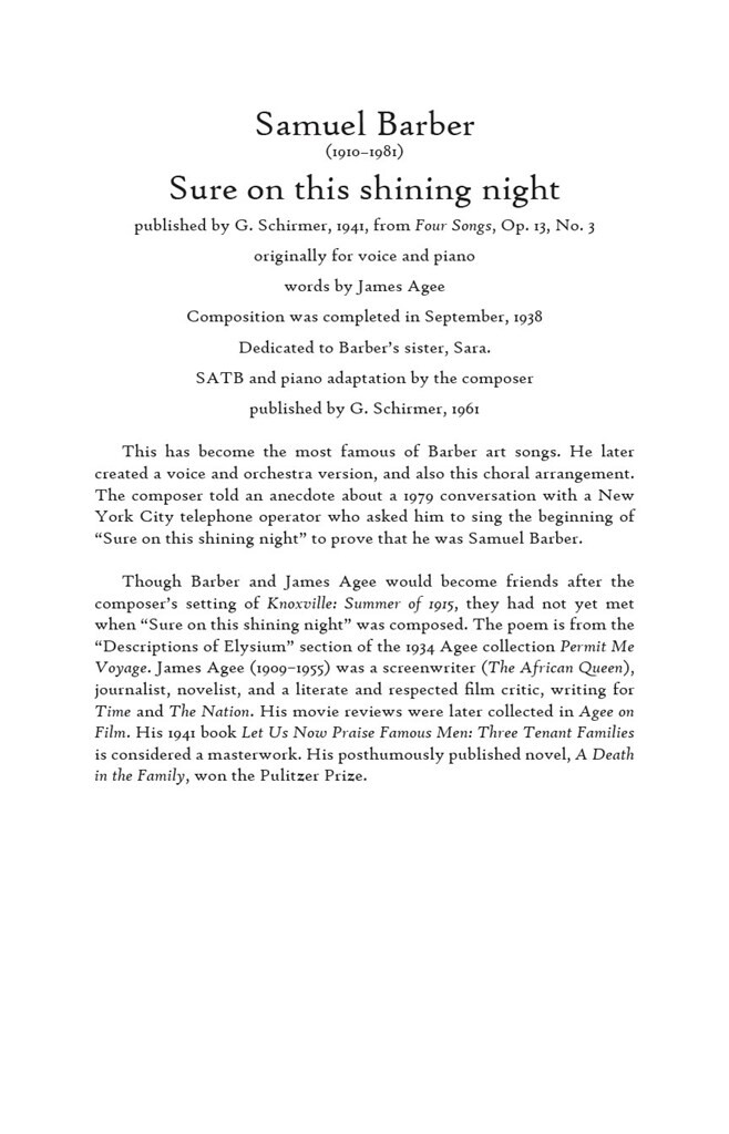 HAL LEONARD Barber Samuel - Sure On The Shining Night Op.13 N°3 - Satb & Piano