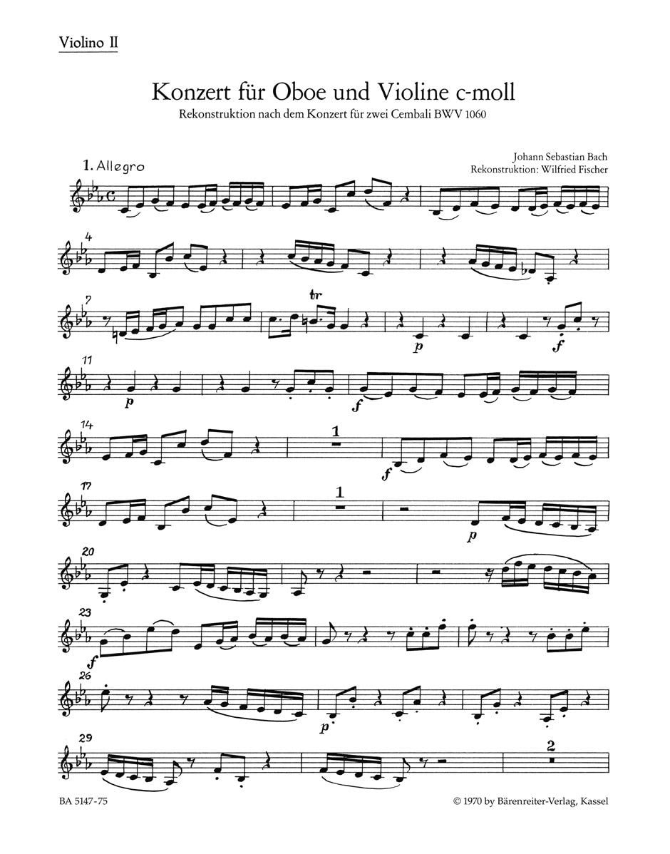 BARENREITER BACH J.S. - CONCERTO EN DO MINEUR POUR HAUTBOIS BWV 1060 - VIOLON 2 