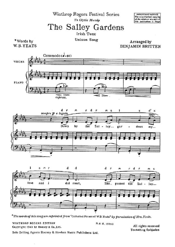BOOSEY & HAWKES BRITTEN BENJAMIN - THE SALLEY GARDENS - CHOIR UNISON AND PIANO