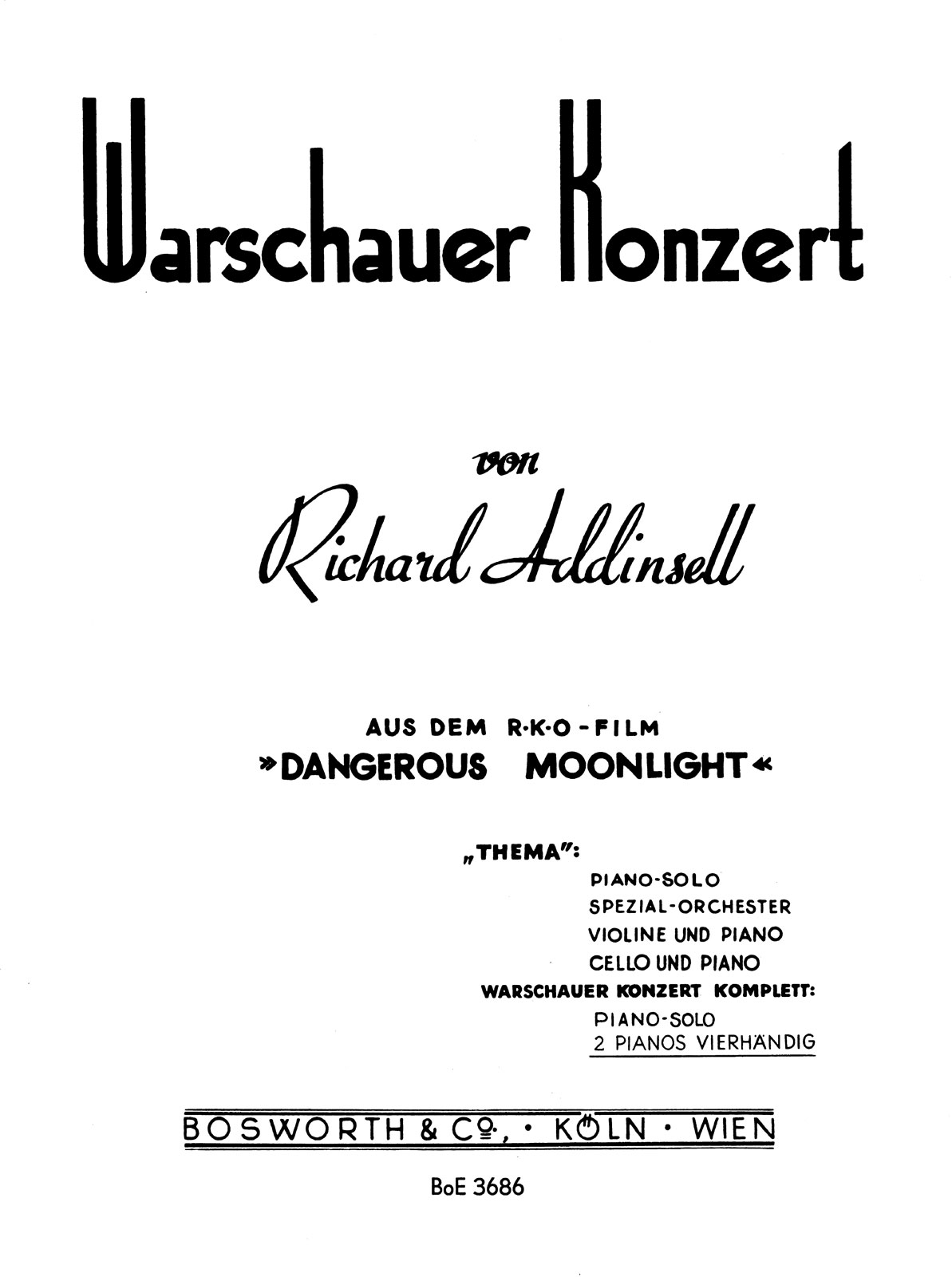 BOSWORTH Richard Addinsell: Warsaw Concerto (2 Piano Score)