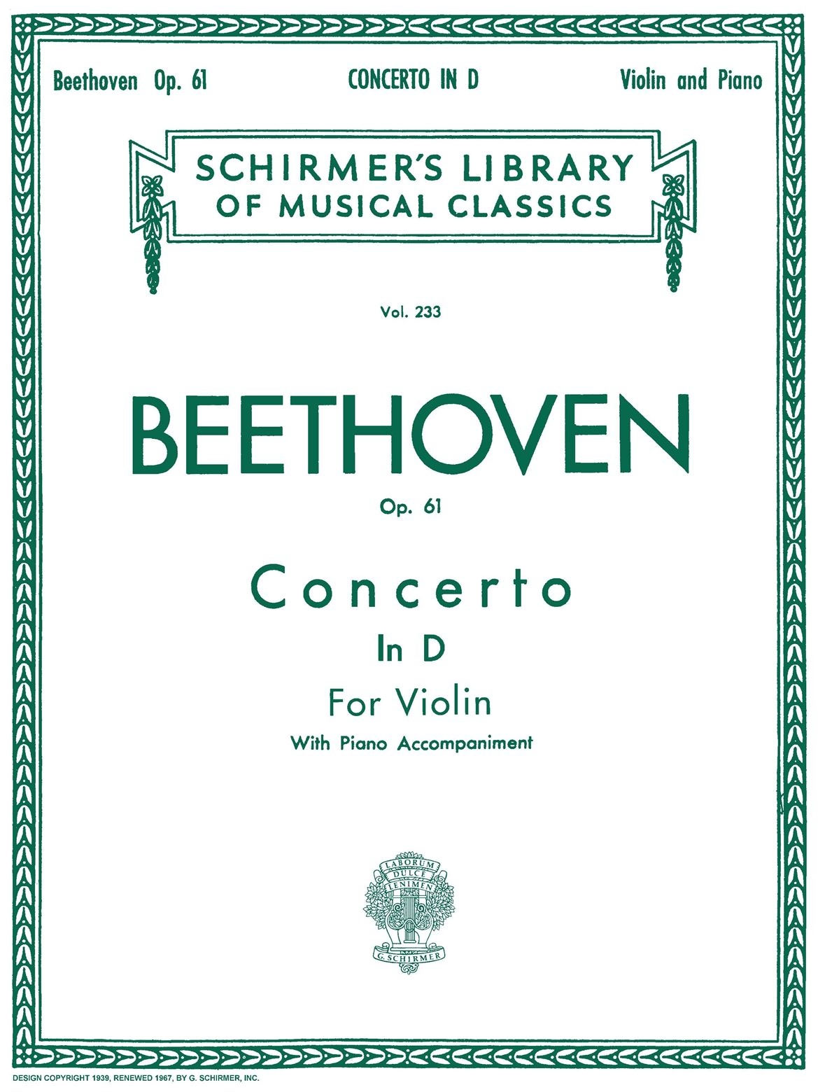 SCHIRMER Violin Concerto In D Major Op. 61