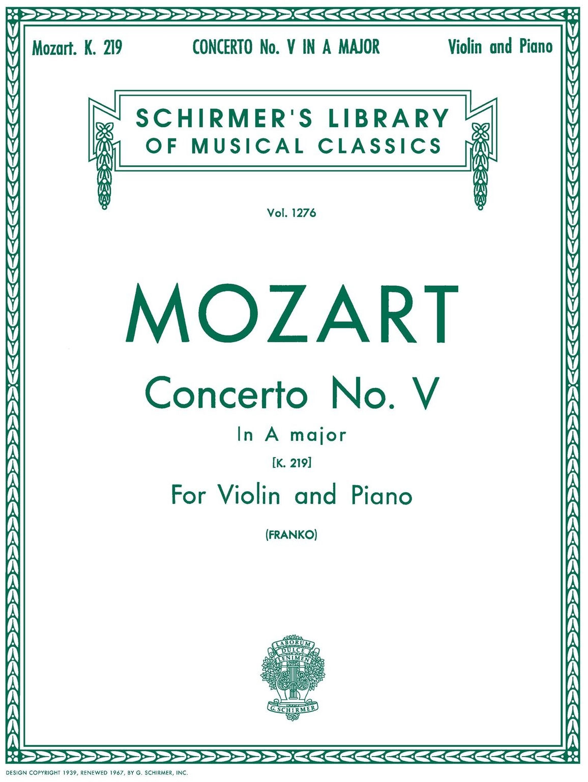 SCHIRMER Violin Concerto No.5 In A Major K.219