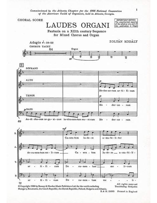 BOOSEY & HAWKES KODÁLY - LAUDES ORGANI - CHOEUR MIXTE (SATB) ET ORGUE