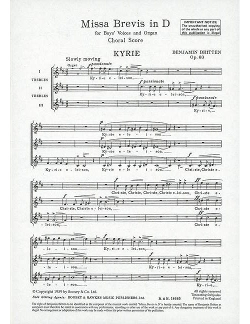 BOOSEY & HAWKES Britten - Missa Brevis In D Op. 63 - Boys' Choeur (ssa) et Orgue