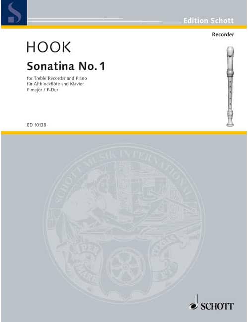 SCHOTT HOOK - SONATINA NO. 1 F MAJOR - TREBLE FLUTE A BEC ET PIANO